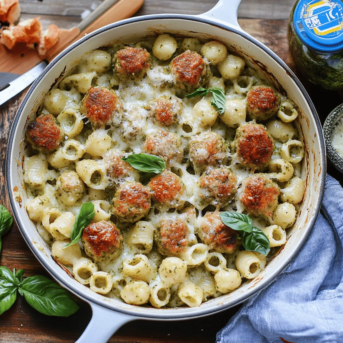 Creamy Baked Pesto Pasta with Chicken Meatballs Recipe
