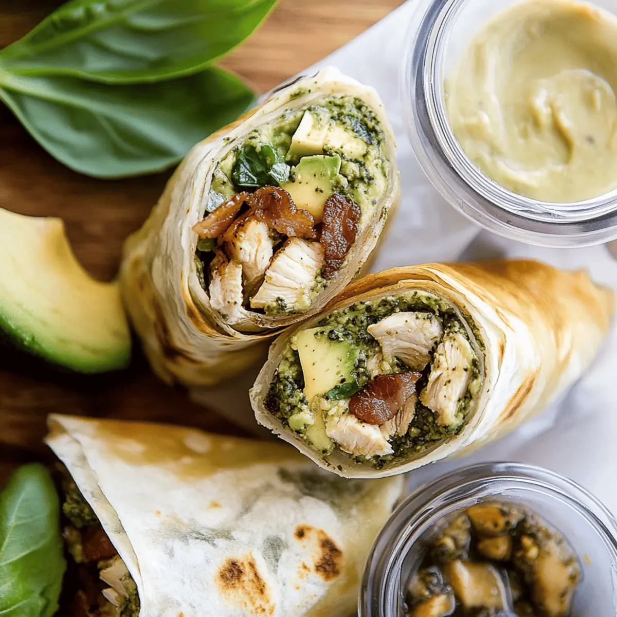 Pesto Chicken and Avocado Bacon Salad Wraps.