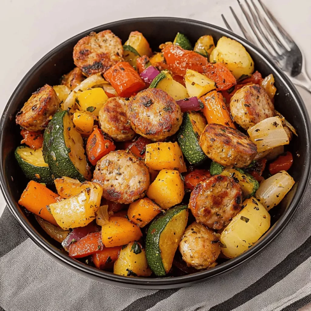 10 Minute Air Fryer Chicken Sausage and Veggies