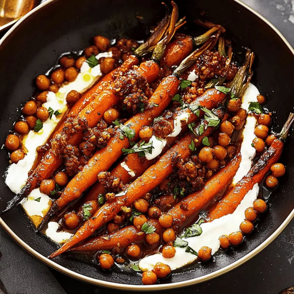 Spicy maple roast carrots with crispy chickpeas and yogurt sauce