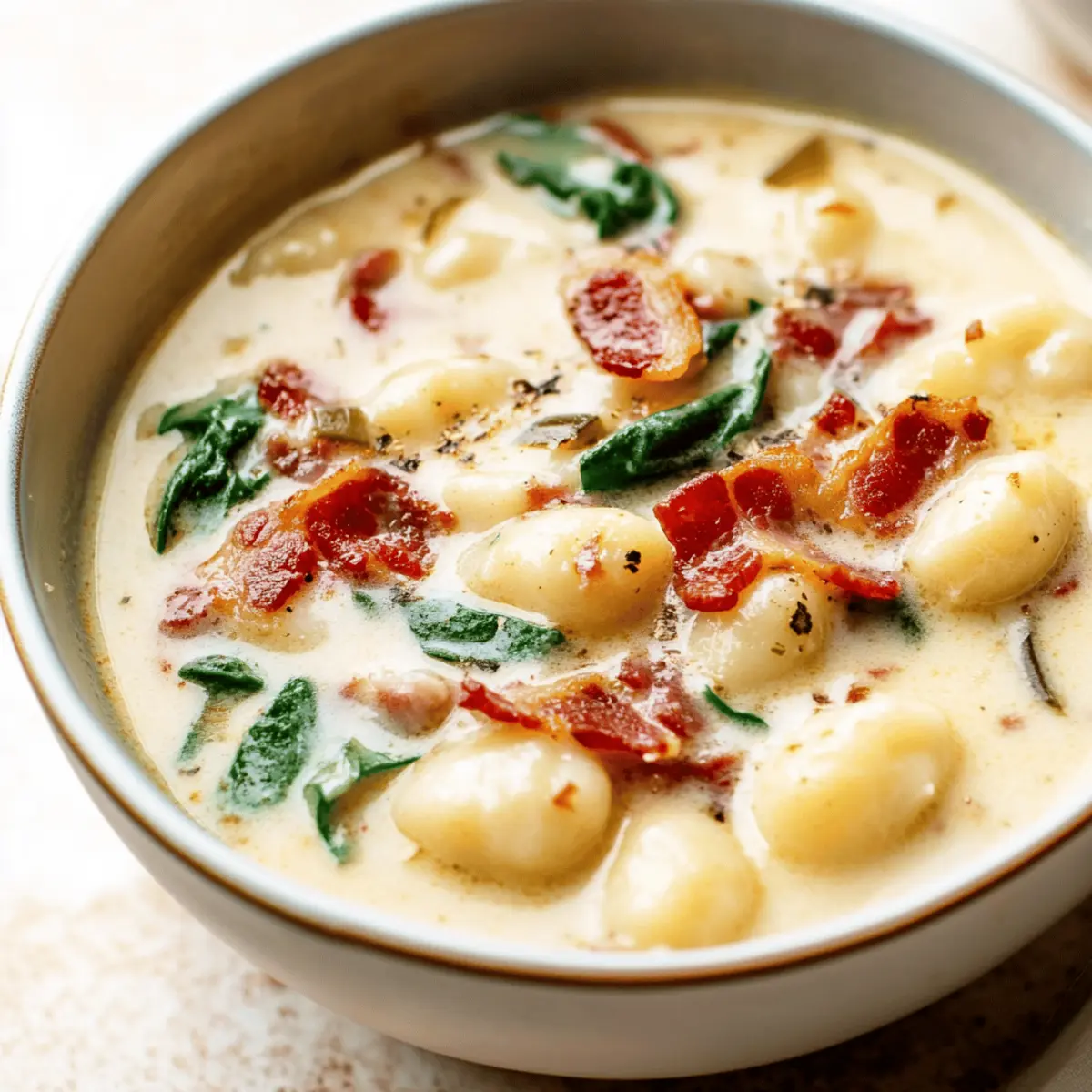 Creamy Bacon Cheddar Gnocchi Soup with Chicken and Spinach