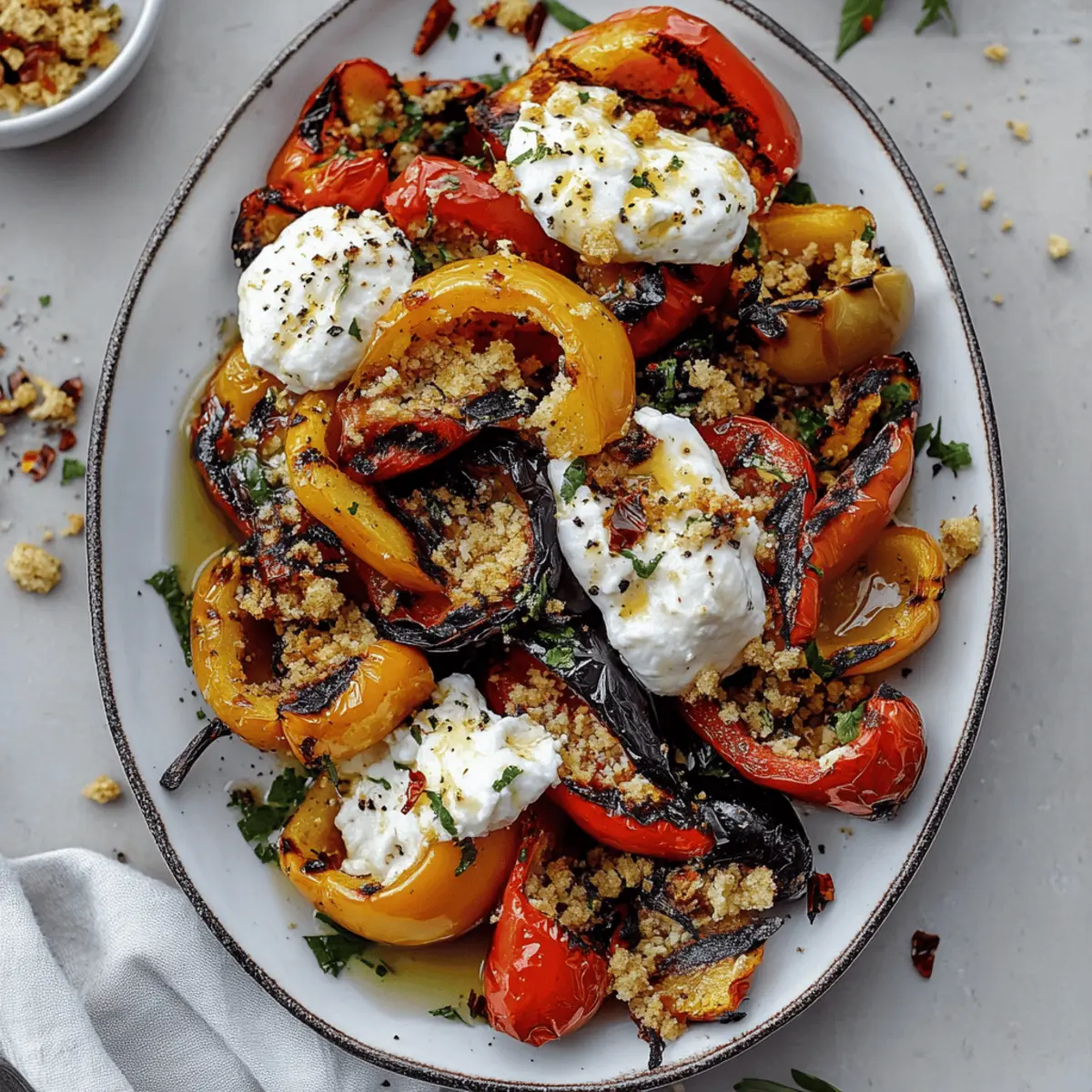 Grilled Marinated Peppers with Burrata and Crunchy Breadcrumbs