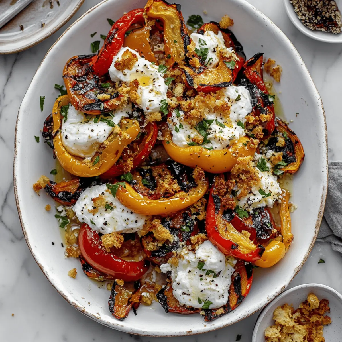 Grilled Marinated Peppers with Burrata and Crunchy Breadcrumbs