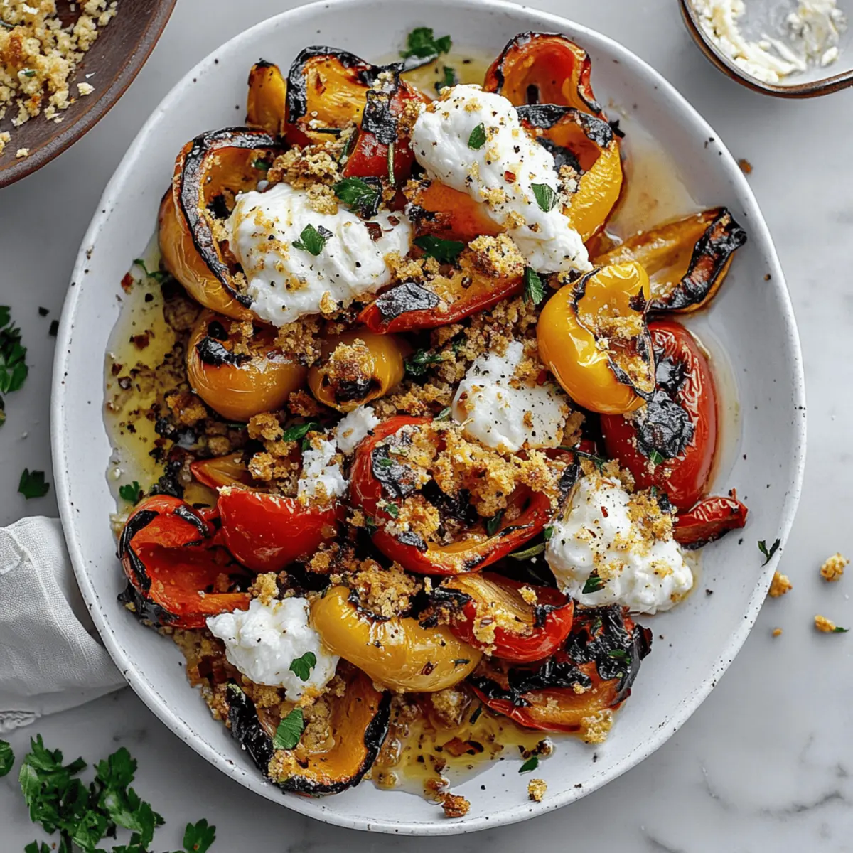 Grilled Marinated Peppers with Burrata and Breadcrumbs