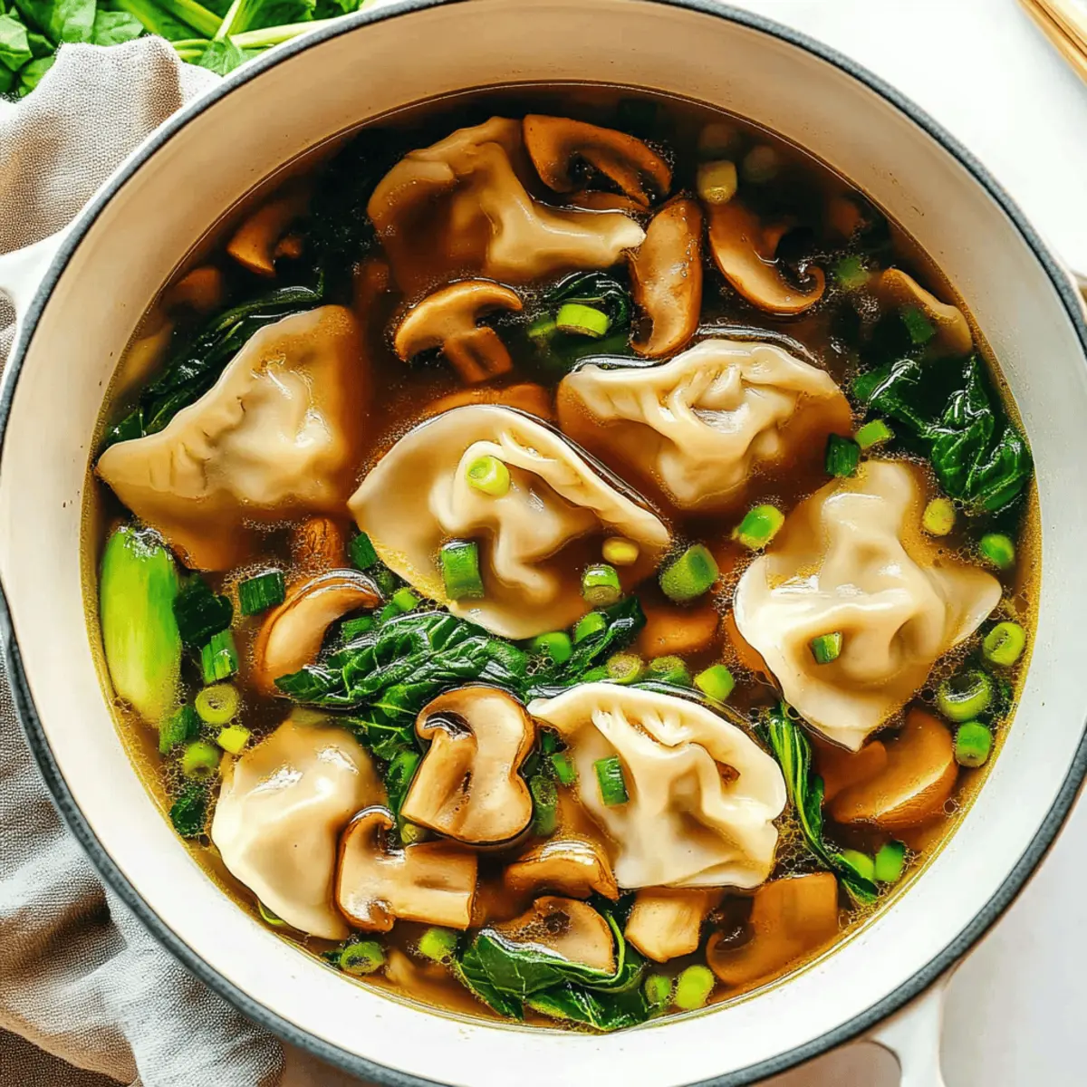 Hearty Potsticker Soup with Mushrooms & Bok Choy