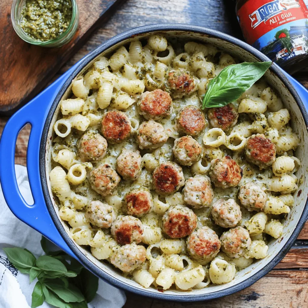 Creamy Baked Pesto Pasta with Chicken Meatballs