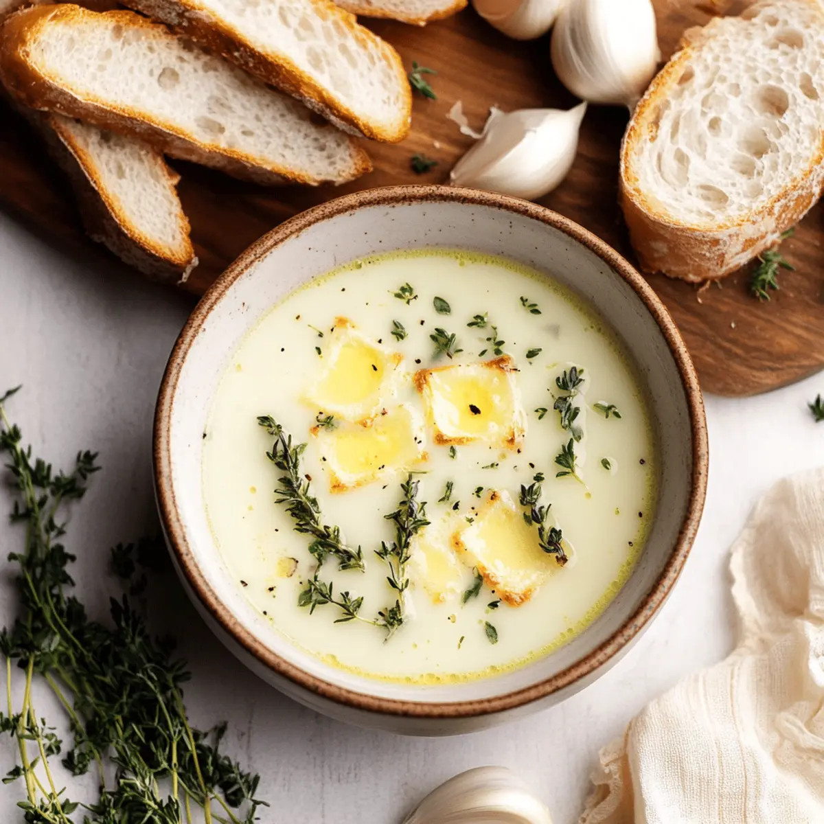 Velvety Country French Garlic Soup Recipe with Crispy Crostinis