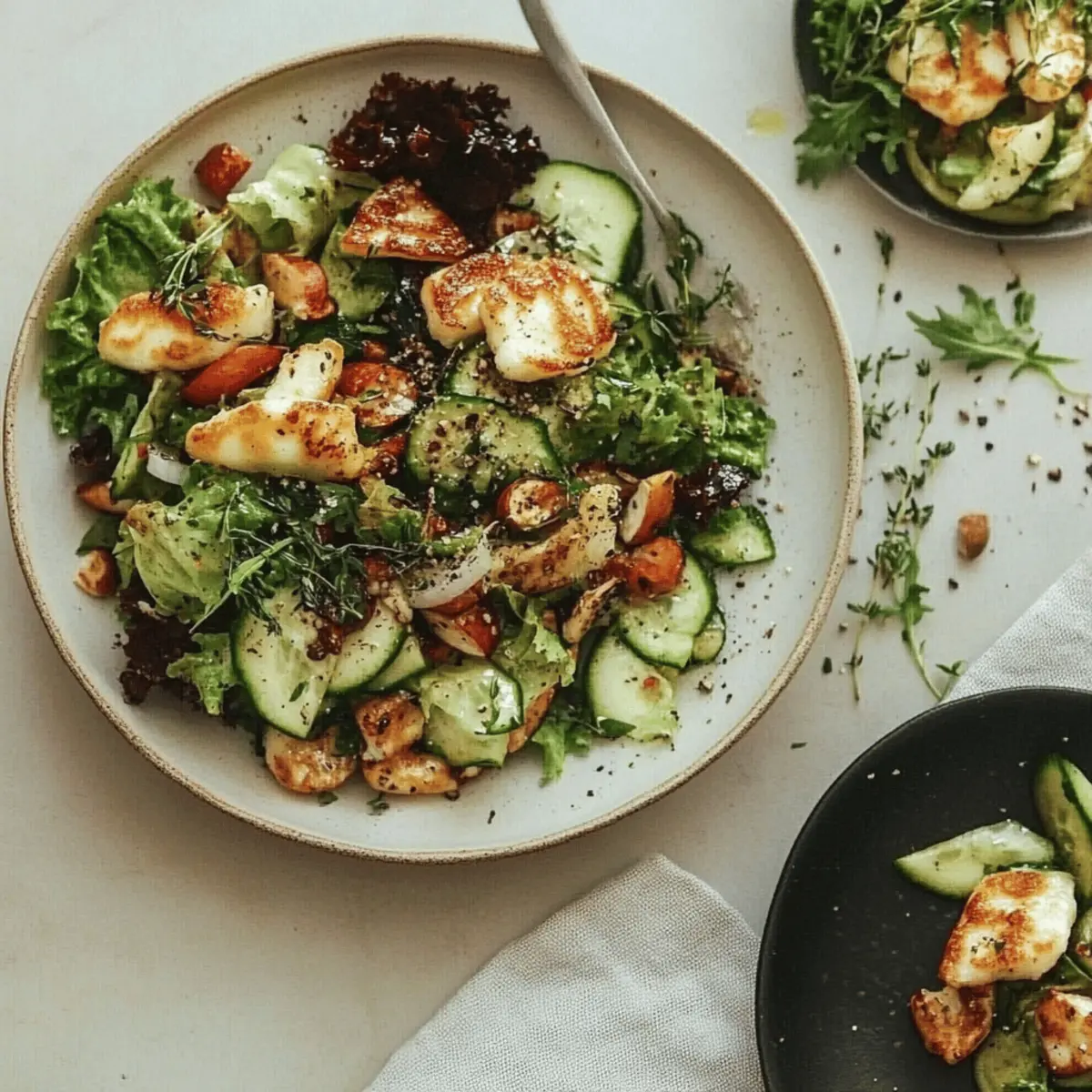Crispy Torn Halloumi Salad with Fresh Veggies and Zesty Vinaigrette