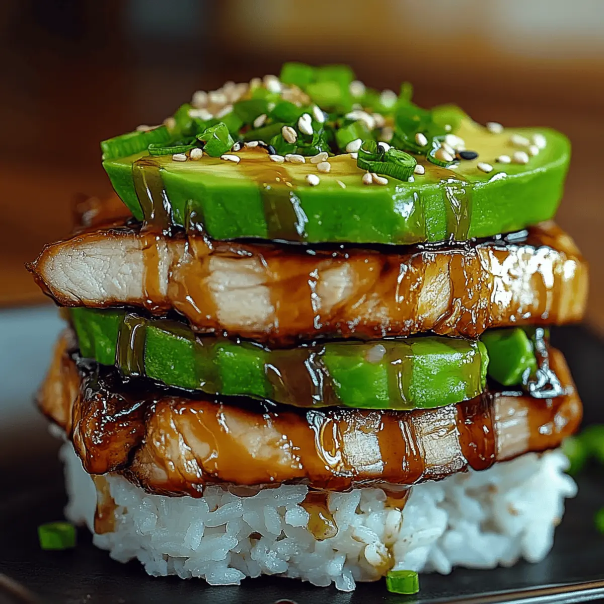 Delicious Teriyaki Chicken with Avocado and Rice Stack Layers Recipe
