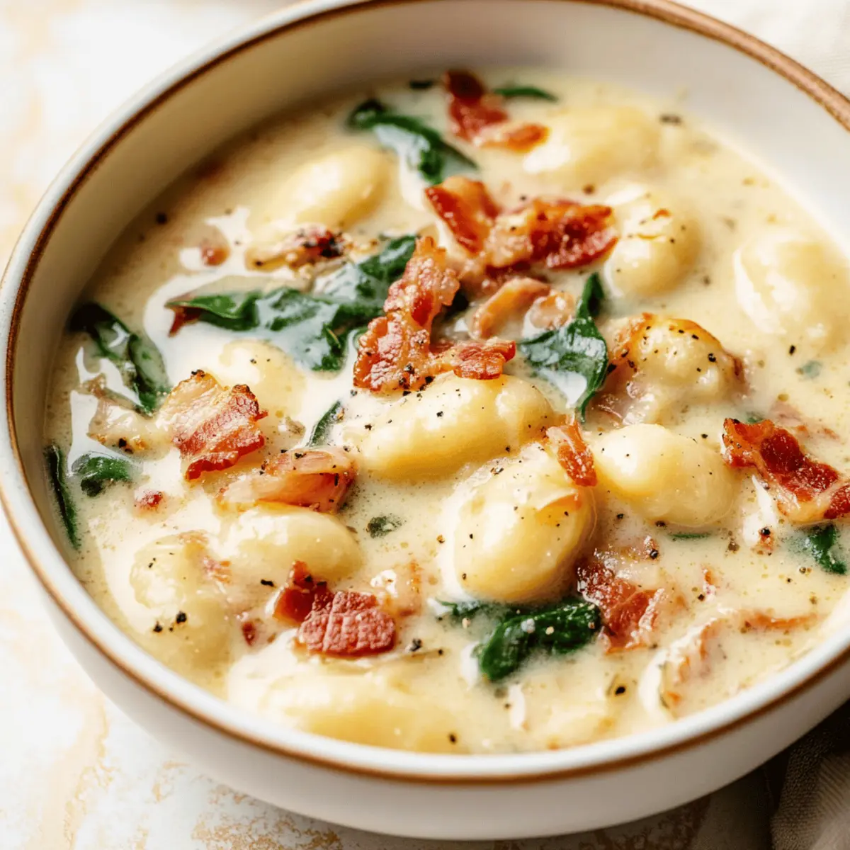 Creamy Bacon Cheddar Gnocchi Soup with Chicken and Spinach