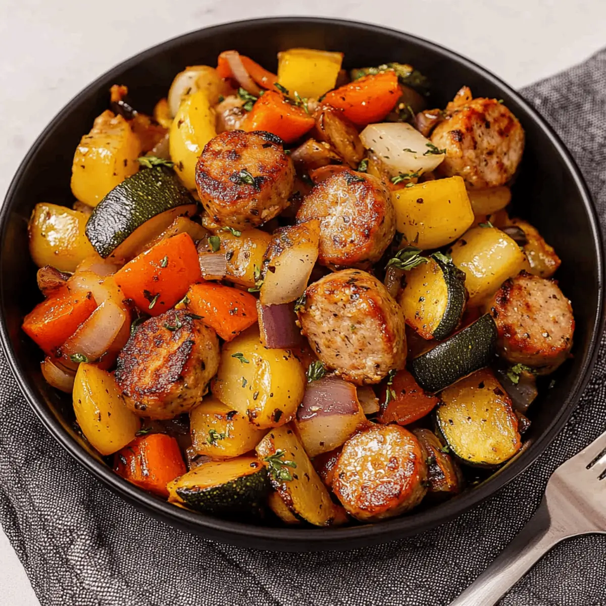 10 Minute Air Fryer Chicken Sausage and Veggies