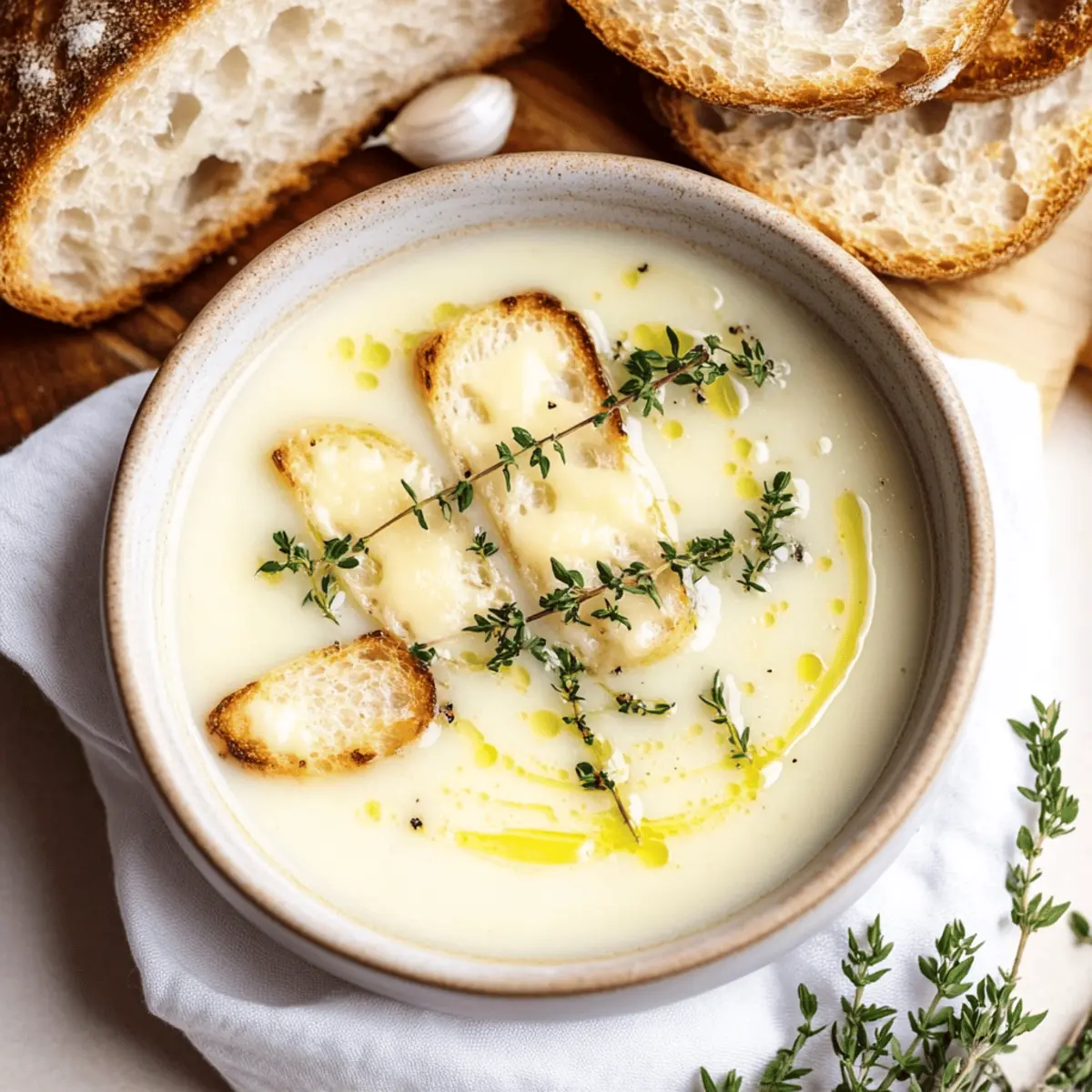 Velvety Country French Garlic Soup Recipe with Crispy Crostinis