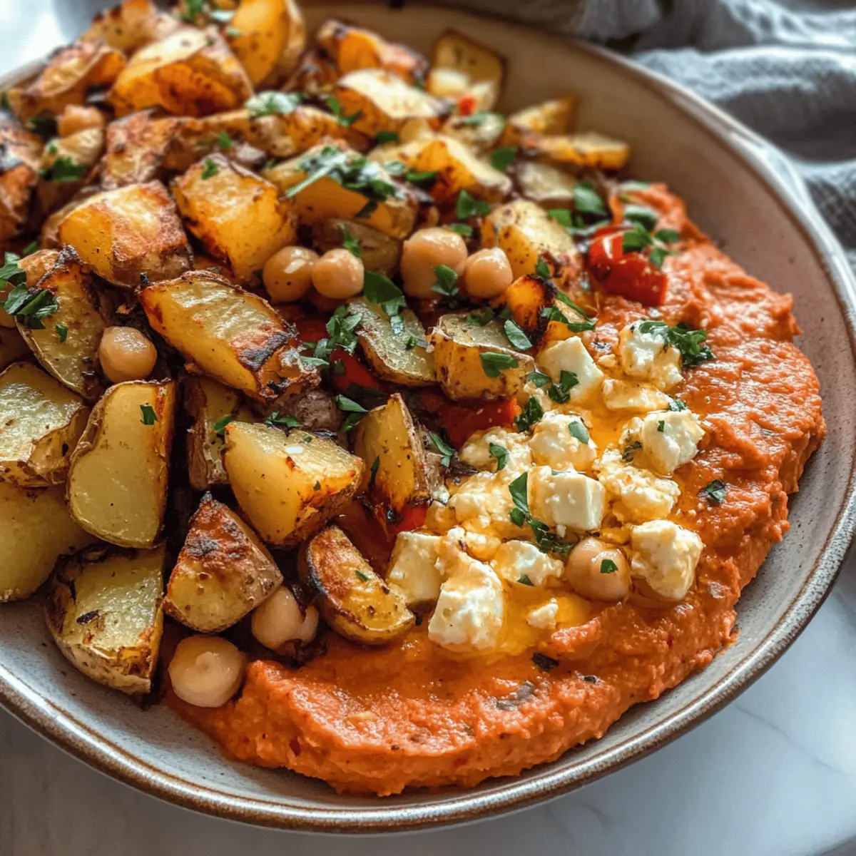 Delicious Red Pepper Feta Dip with Roasted Potatoes & Chickpeas