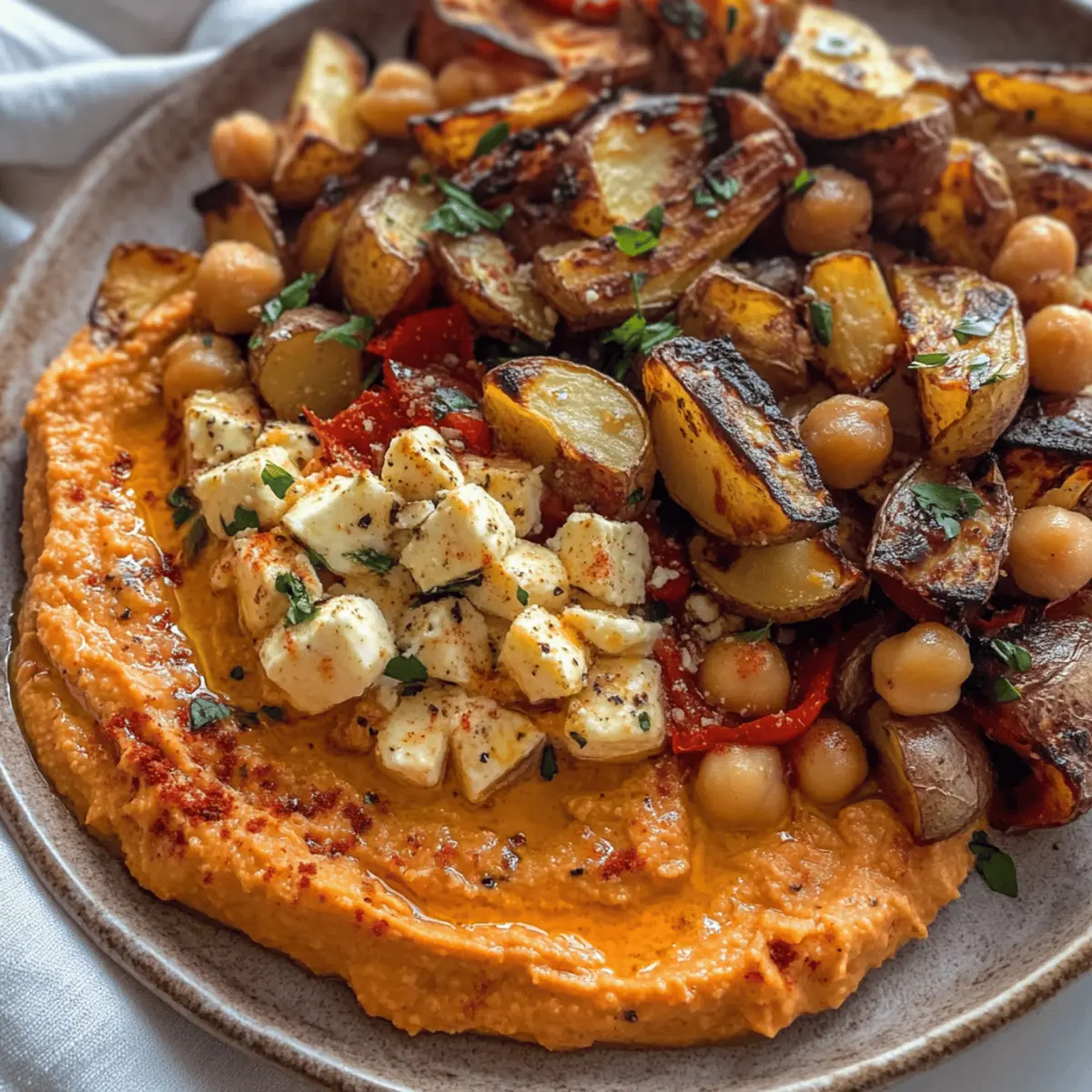 Delicious Red Pepper Feta Dip with Roasted Potatoes & Chickpeas