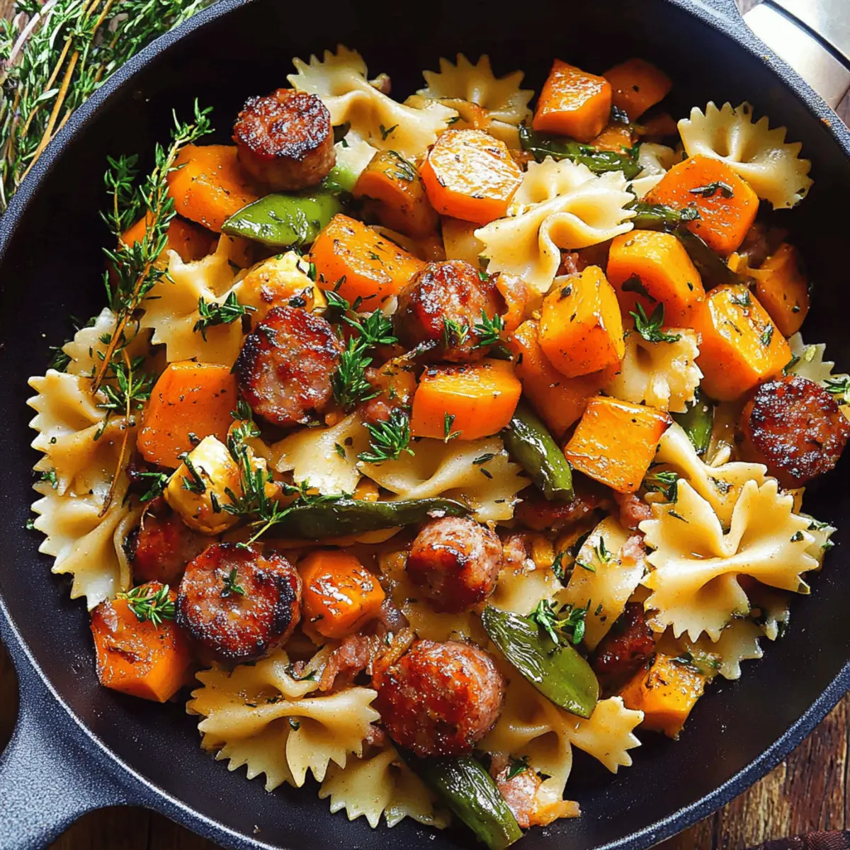 Delicious Autumn Sausage Pasta with Squash and Brussels Sprouts