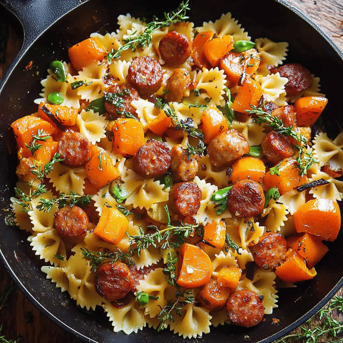 Delicious Autumn Sausage Pasta with Squash and Brussels Sprouts