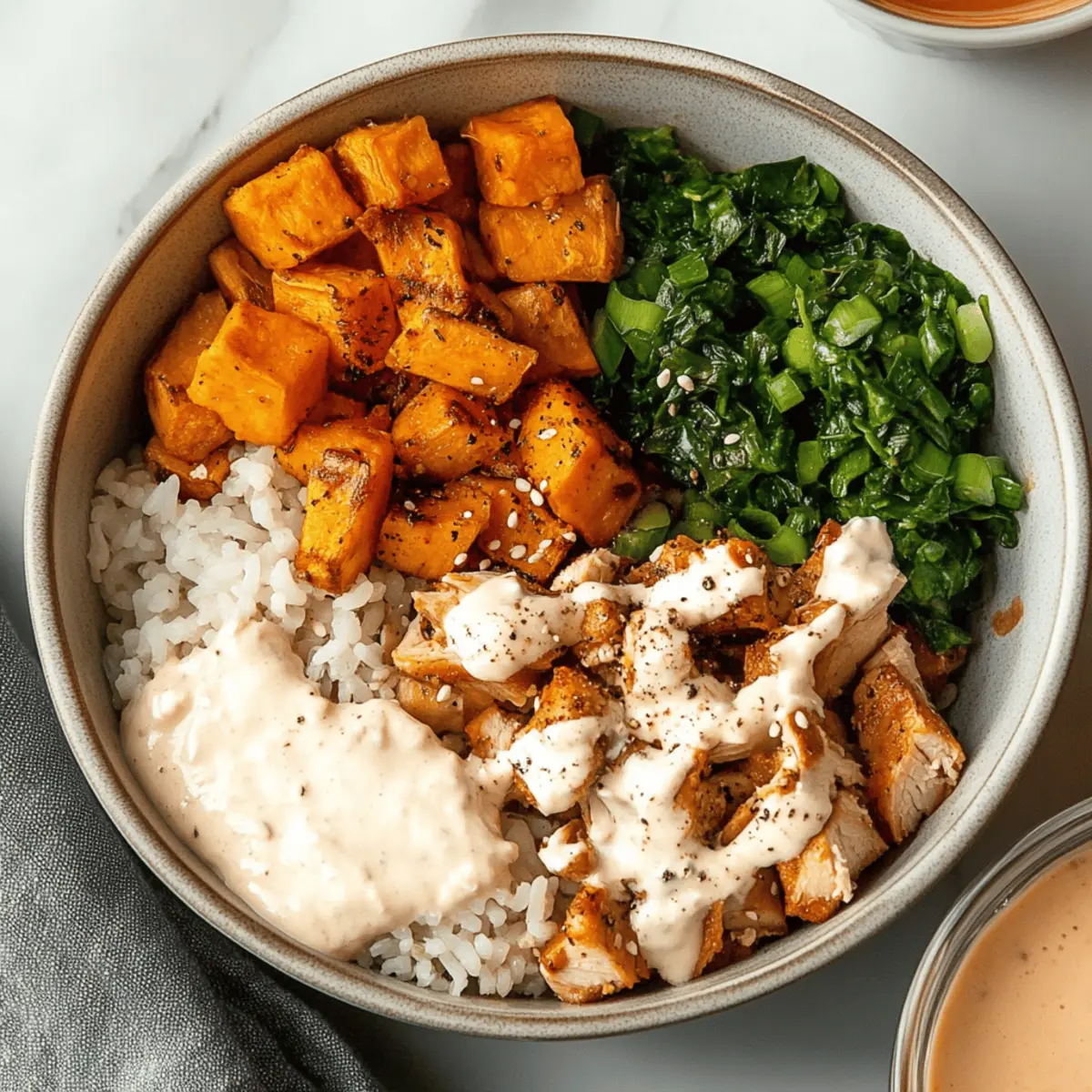 Healthy Chicken & Sweet Potato Rice Bowl with Creamy Sauce