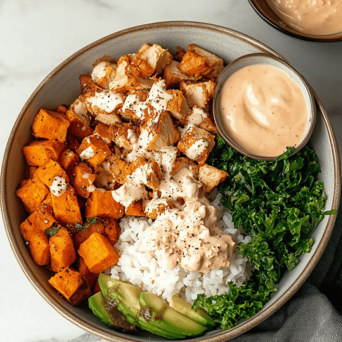 Healthy Chicken & Sweet Potato Rice Bowl with Creamy Sauce
