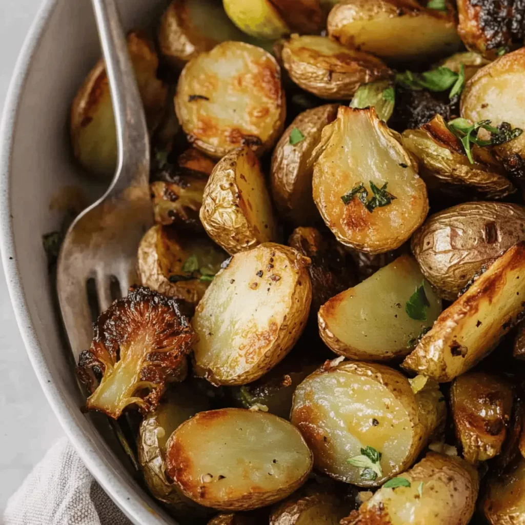 Crispy Garlic Brussels & Potatoes