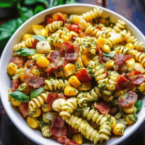 Corn Pasta Salad with Bacon, Bell Pepper & Creamy Pesto Dressing