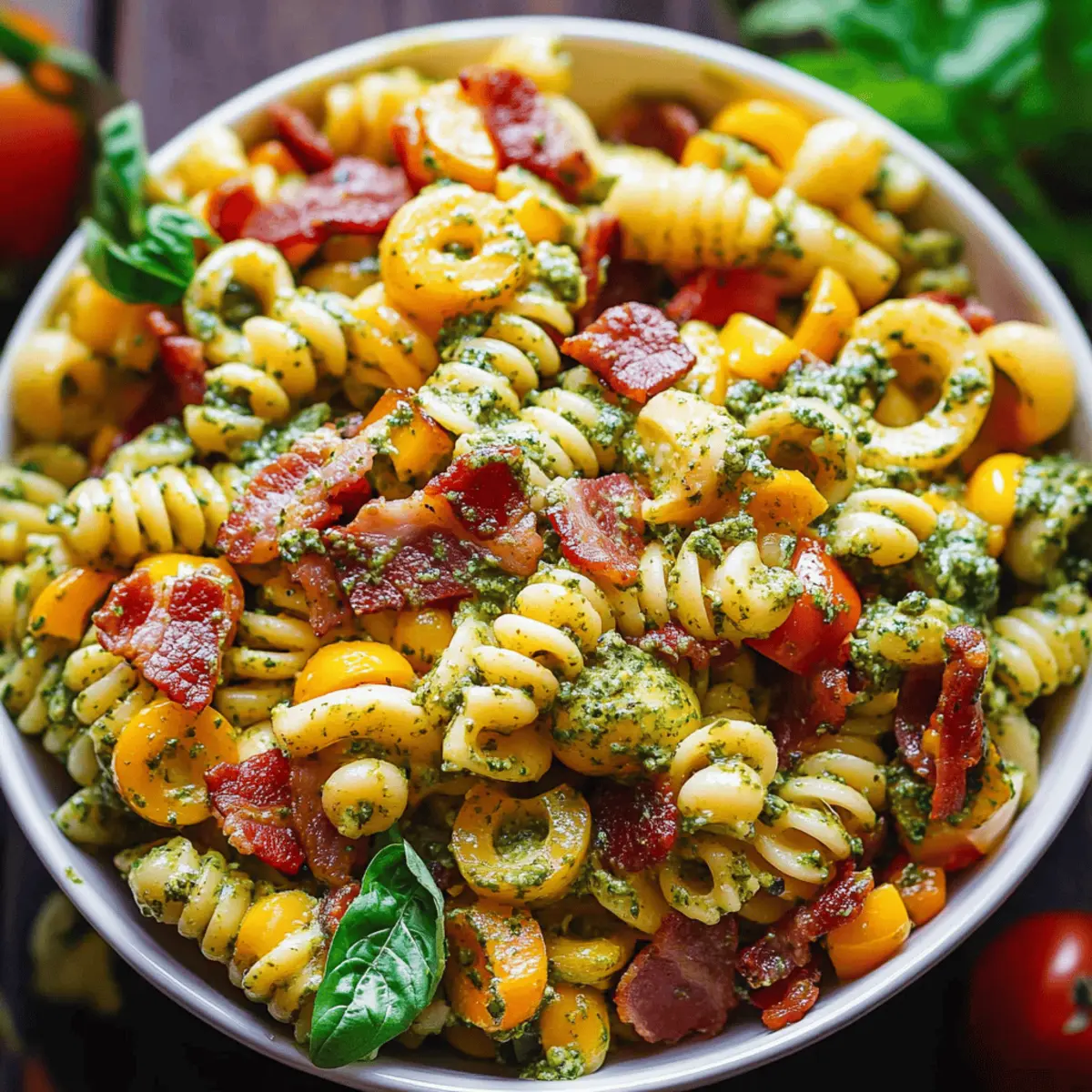 Delicious Corn Pasta Salad with Bacon, Bell Pepper & Pesto Dressing