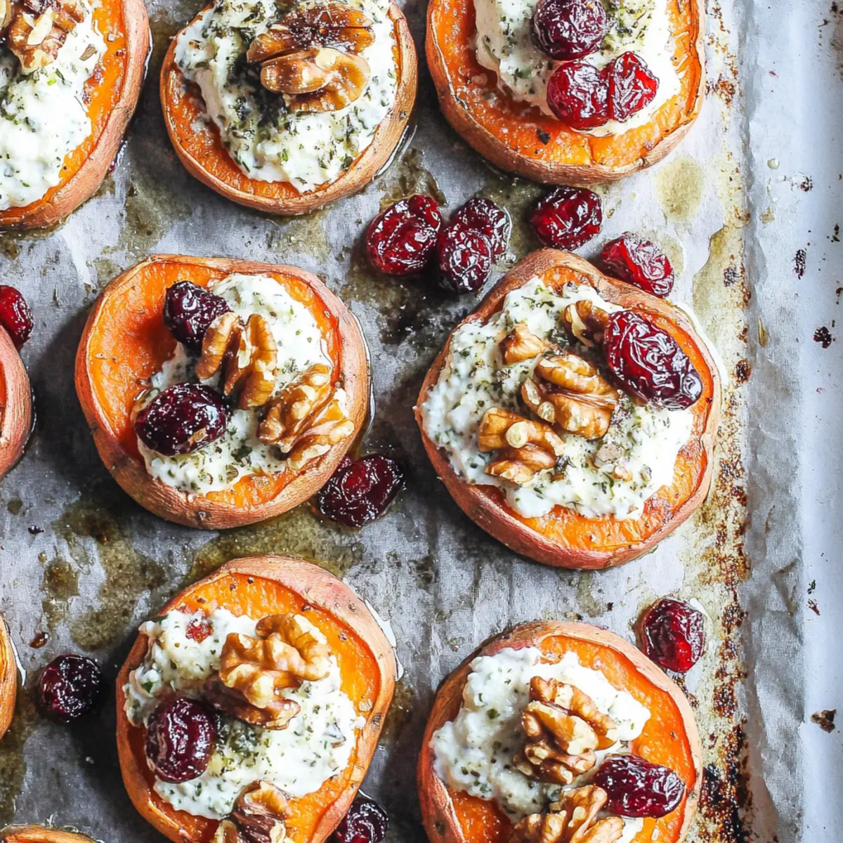 Roasted Sweet Potato Rounds with Herbed Ricotta, Walnuts, and Cranberries