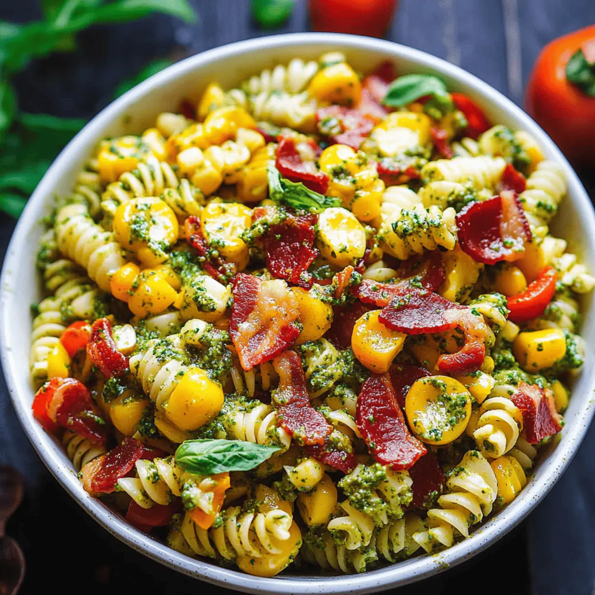 Delicious Corn Pasta Salad with Bacon, Bell Pepper & Pesto Dressing