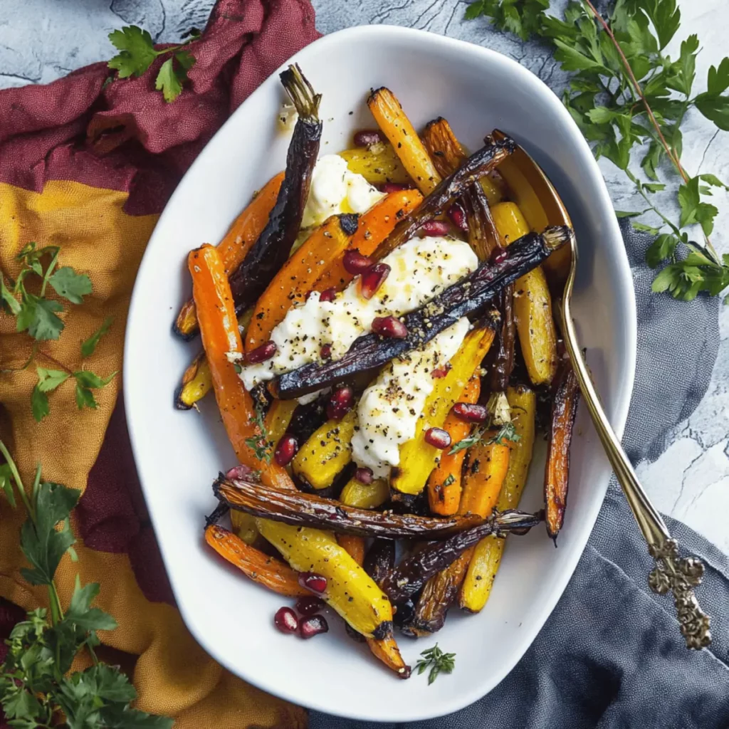 Honey Roasted Rainbow Carrots with Burrata and Pomegranate