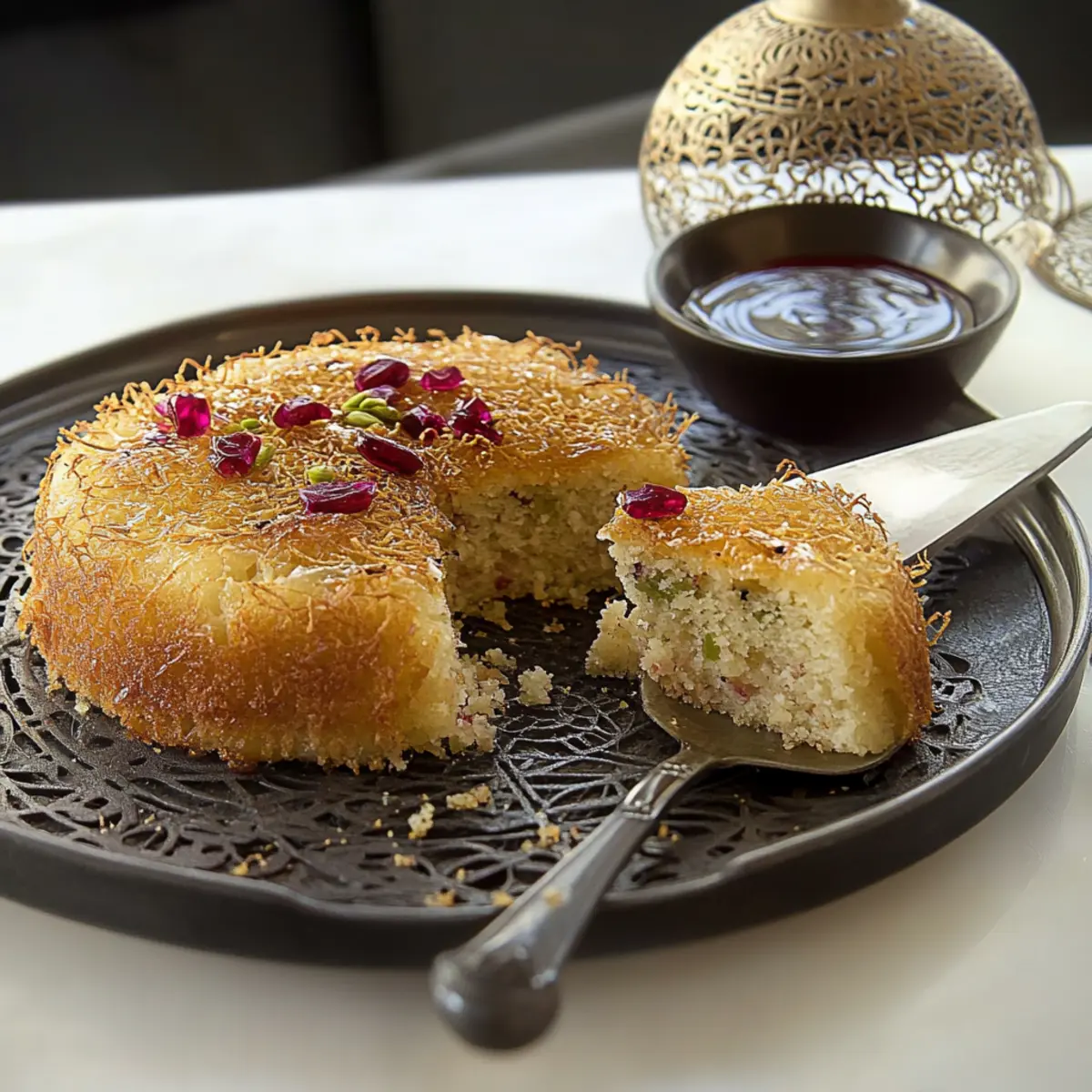 Delicious Ashta Knafeh Cake Recipe with Creamy Filling and Garnish