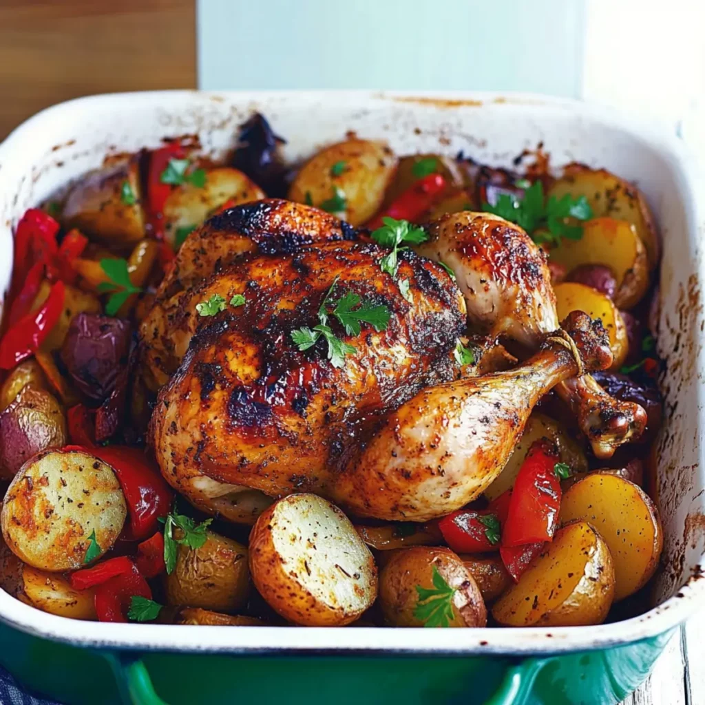 Paprika-roast chicken with potatoes and peppers