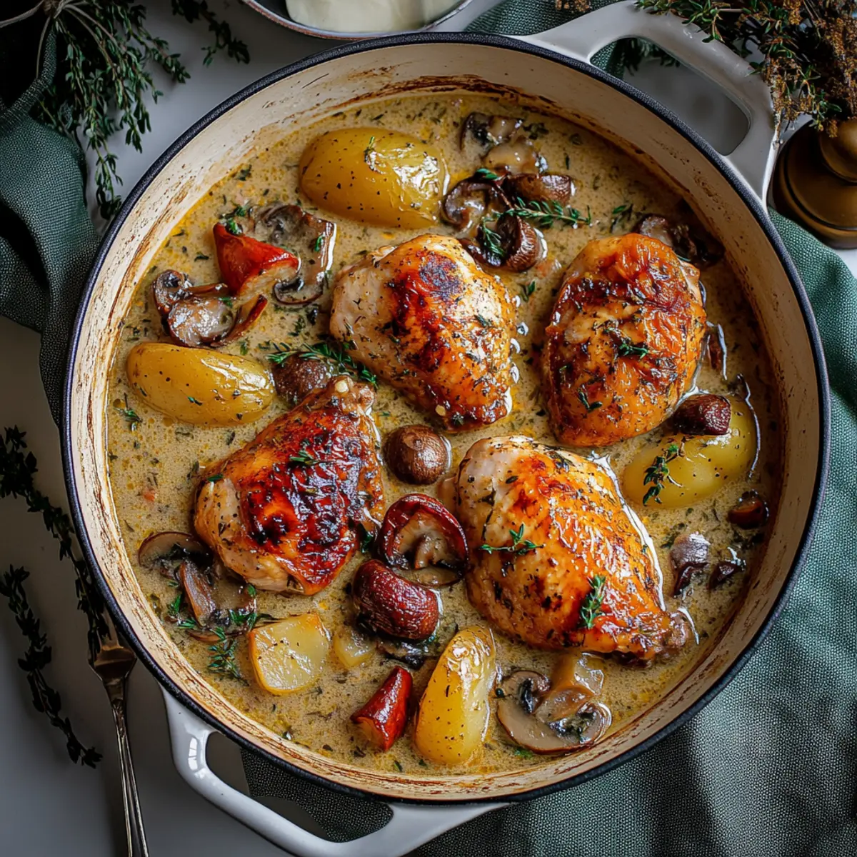 Herb Roasted Chicken in Creamy White Sauce with Mushrooms and Potatoes Recipe