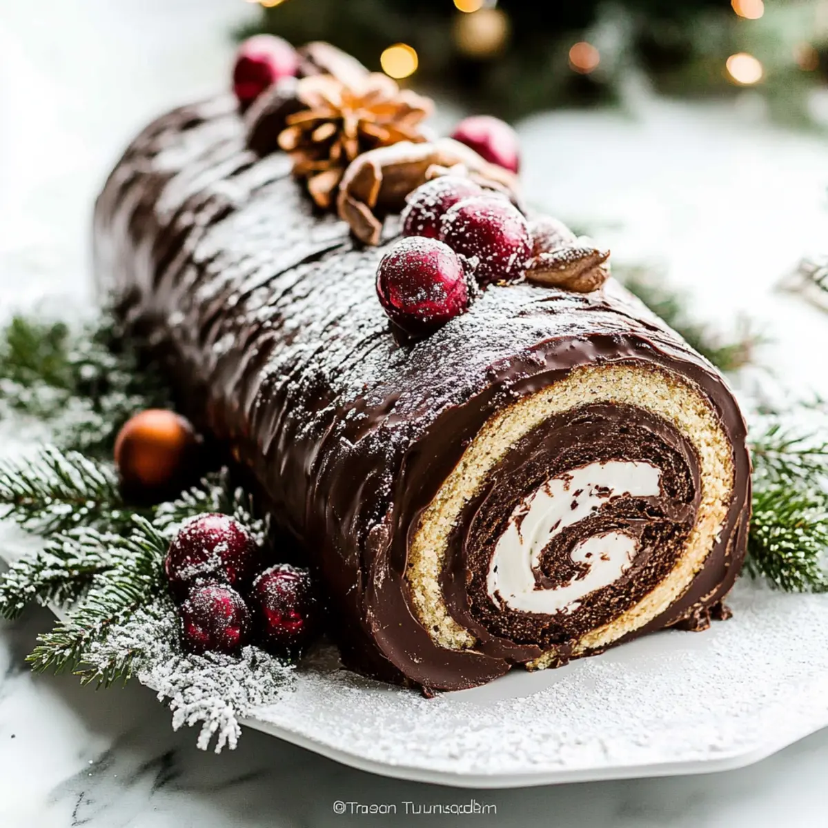Traditional Chocolate Yule Log Recipe with Whipped Cream and Hazelnuts