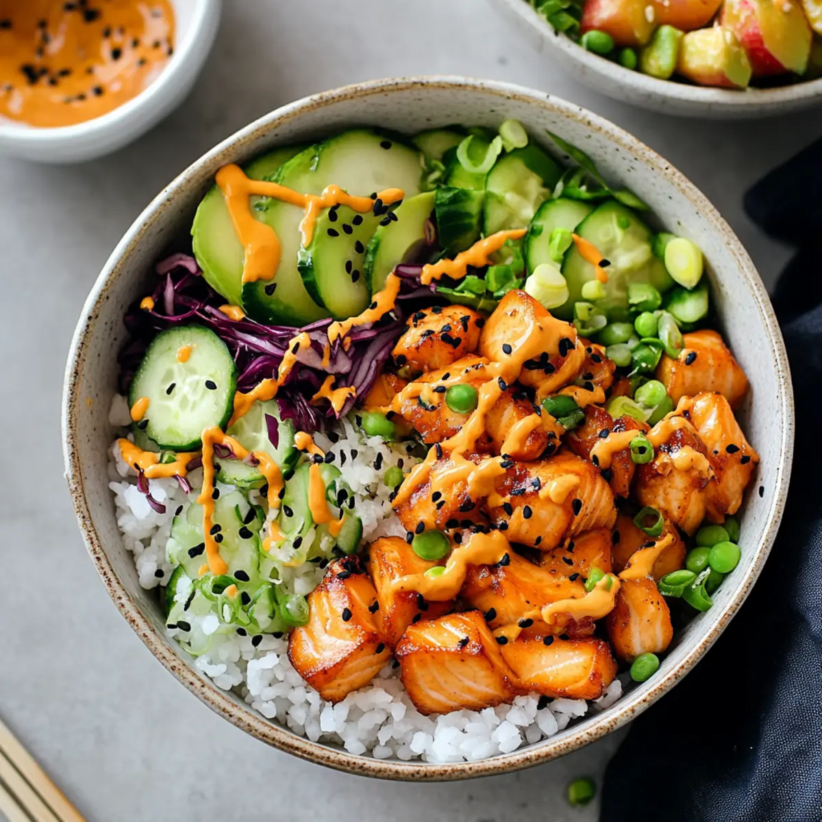 Delicious Bang Bang Salmon Bites Bowls with Avocado and Rice