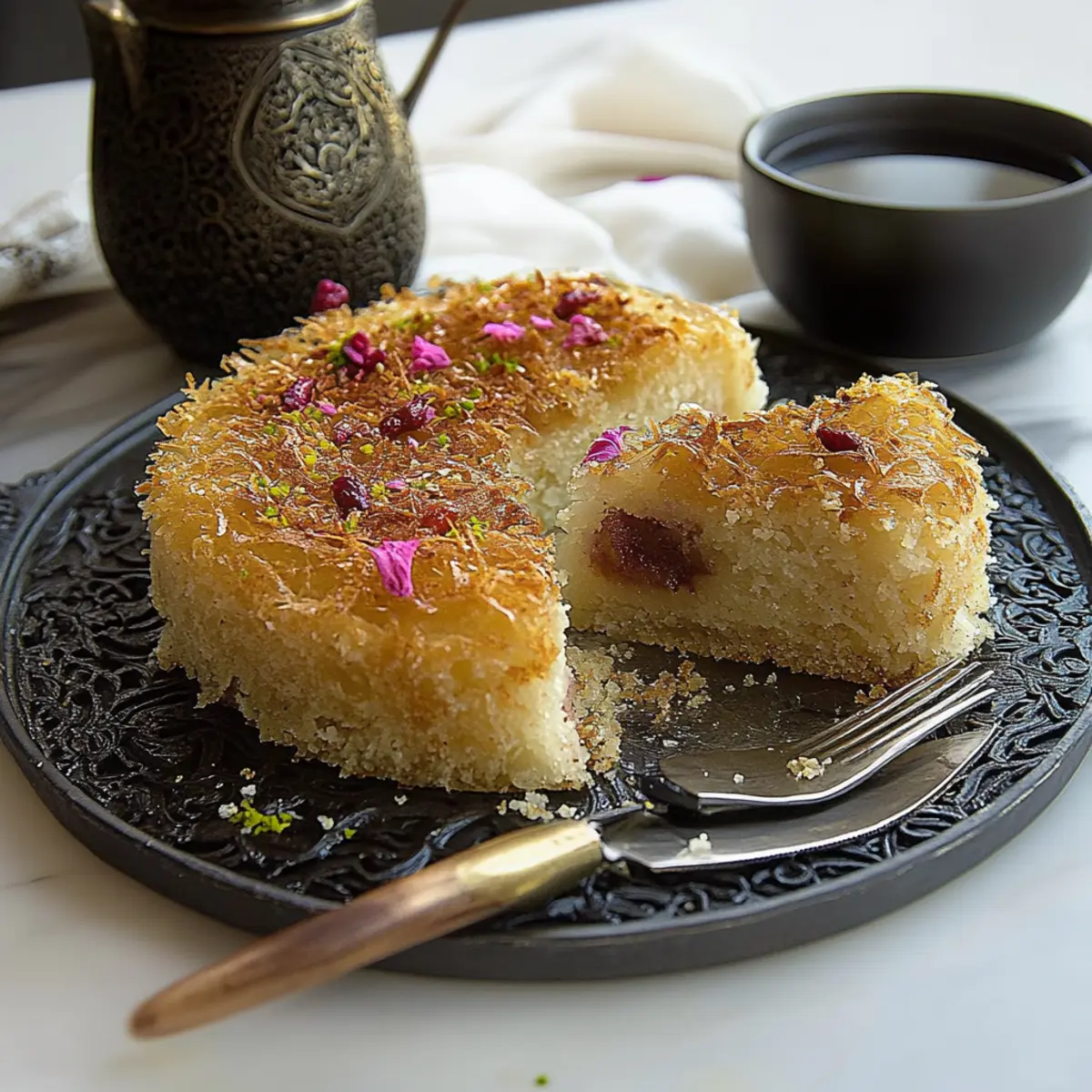 Delicious Ashta Knafeh Cake Recipe with Creamy Filling and Garnish