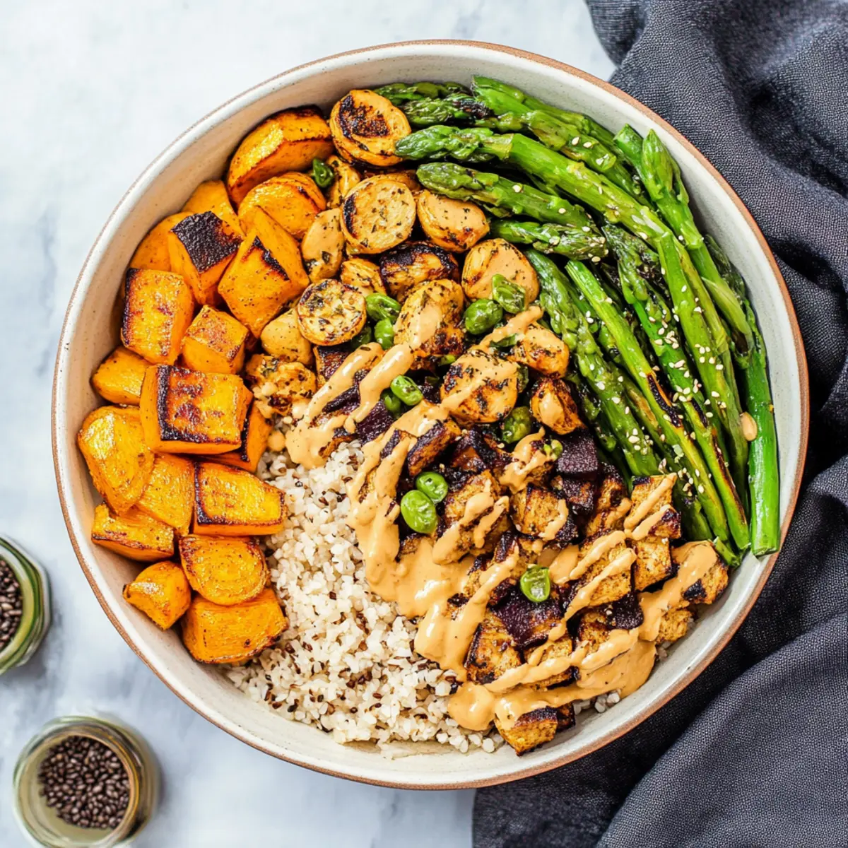 High-Protein Vegan Bowl with Sweet Potato and Spicy Peanut Sauce