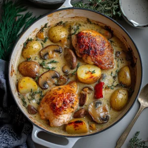 Herb Roasted Chicken in Creamy White Sauce with Mushrooms and Potatoes