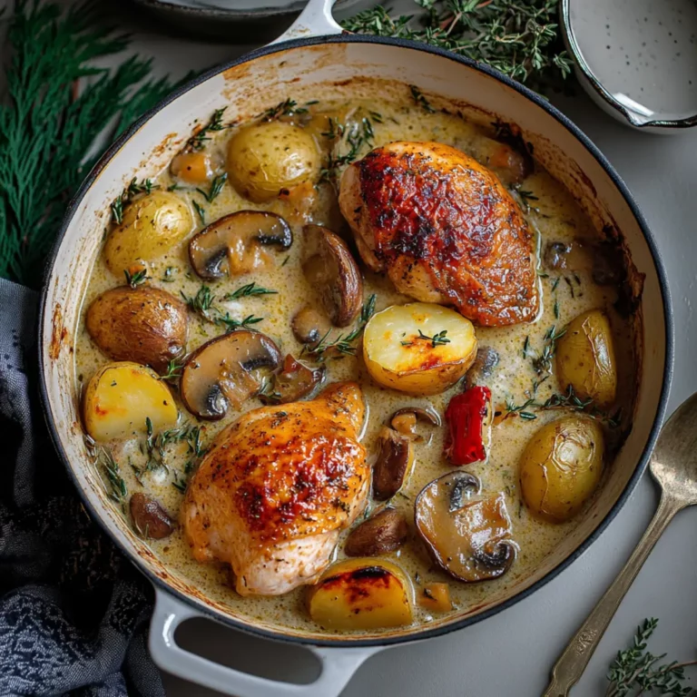 Herb Roasted Chicken in Creamy White Sauce with Mushrooms and Potatoes