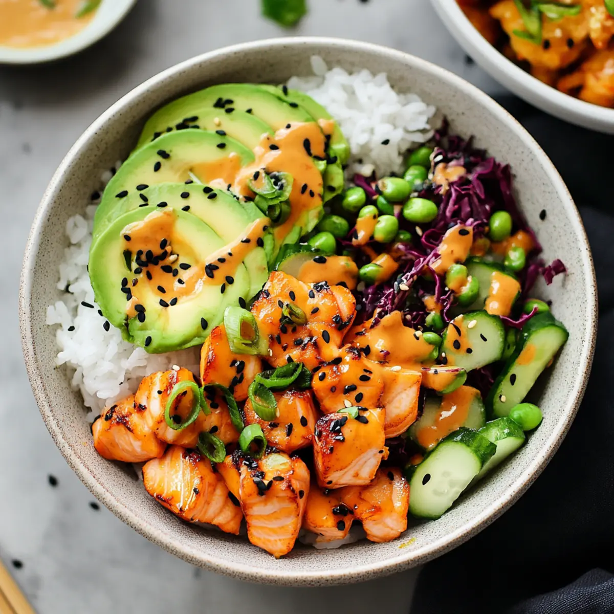 Delicious Bang Bang Salmon Bites Bowls with Avocado and Rice