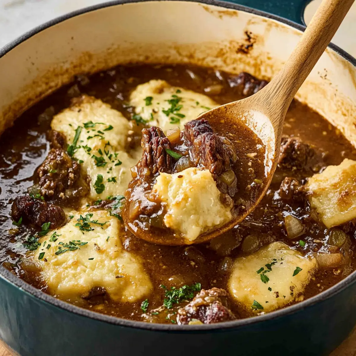 Hearty French Onion Beef Stew Recipe with Gruyère Cheese Topping