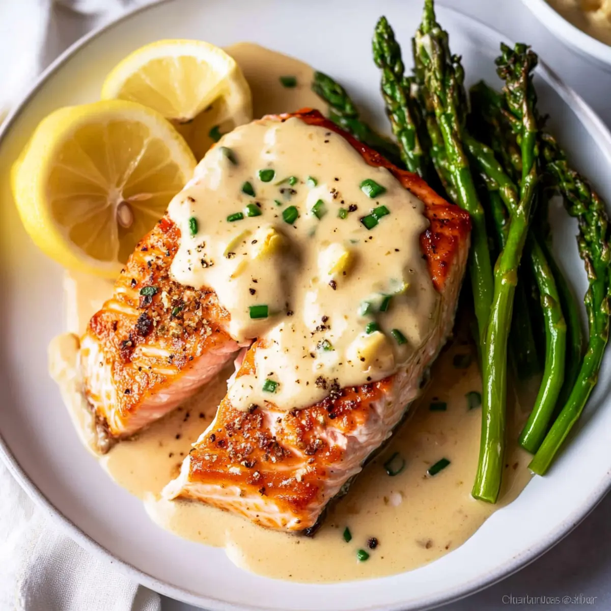 Baked Salmon with Creamy Lemon Garlic Sauce Ready in 20 Minutes