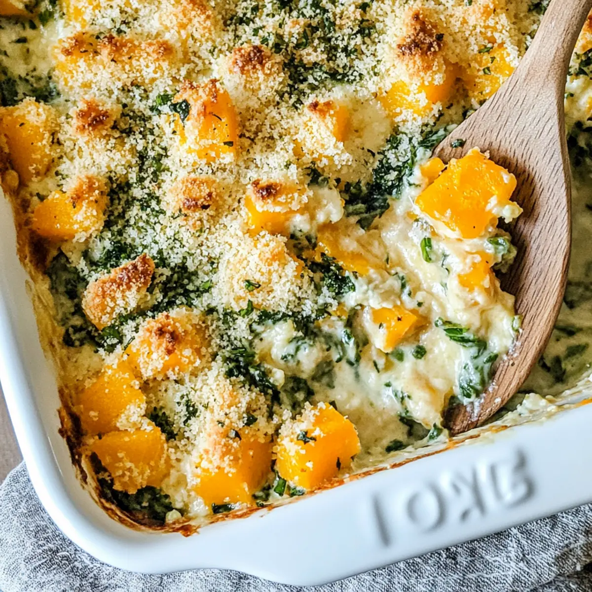 Creamy Butternut Squash Casserole with Spinach and Cheese
