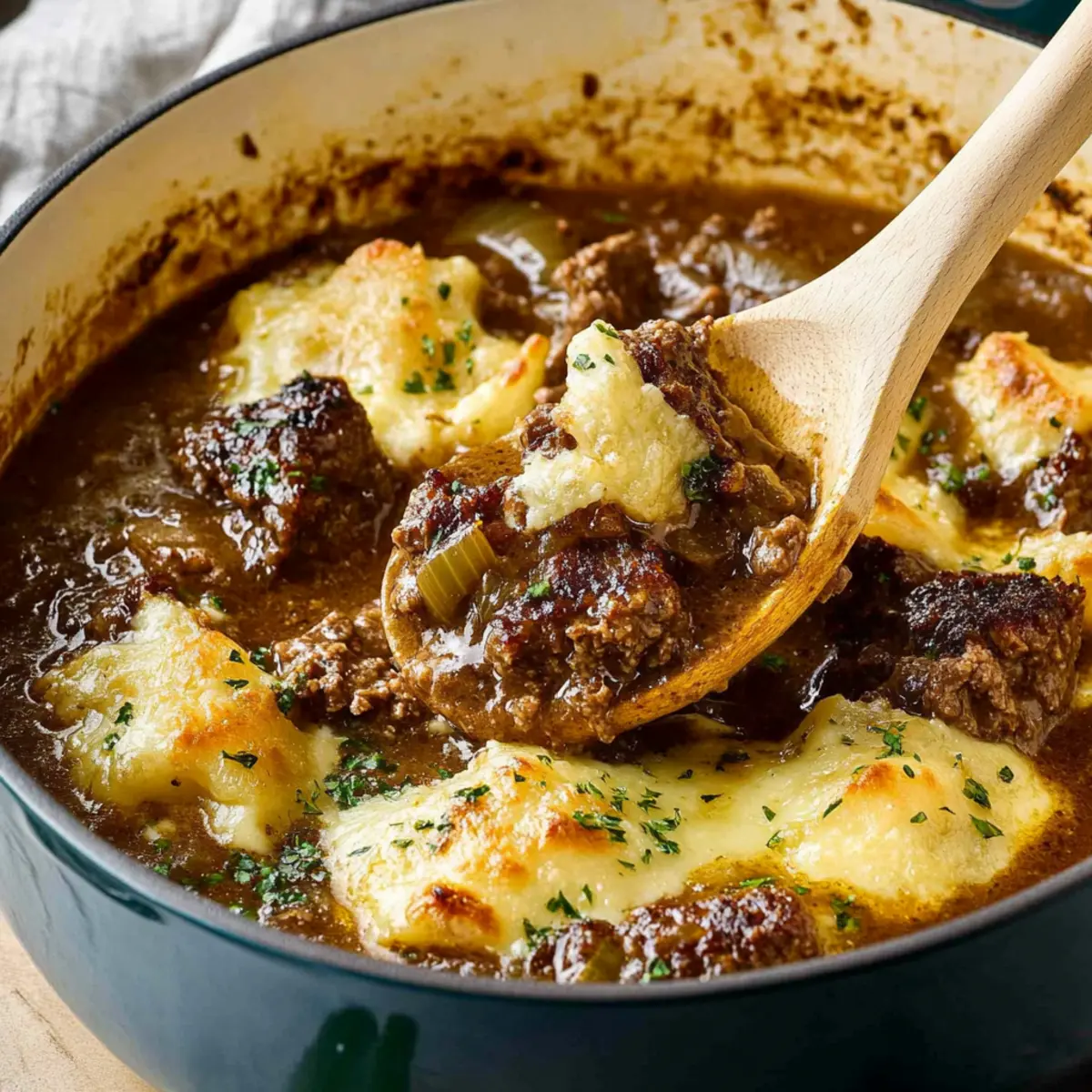 Hearty French Onion Beef Stew Recipe with Gruyère Cheese Topping