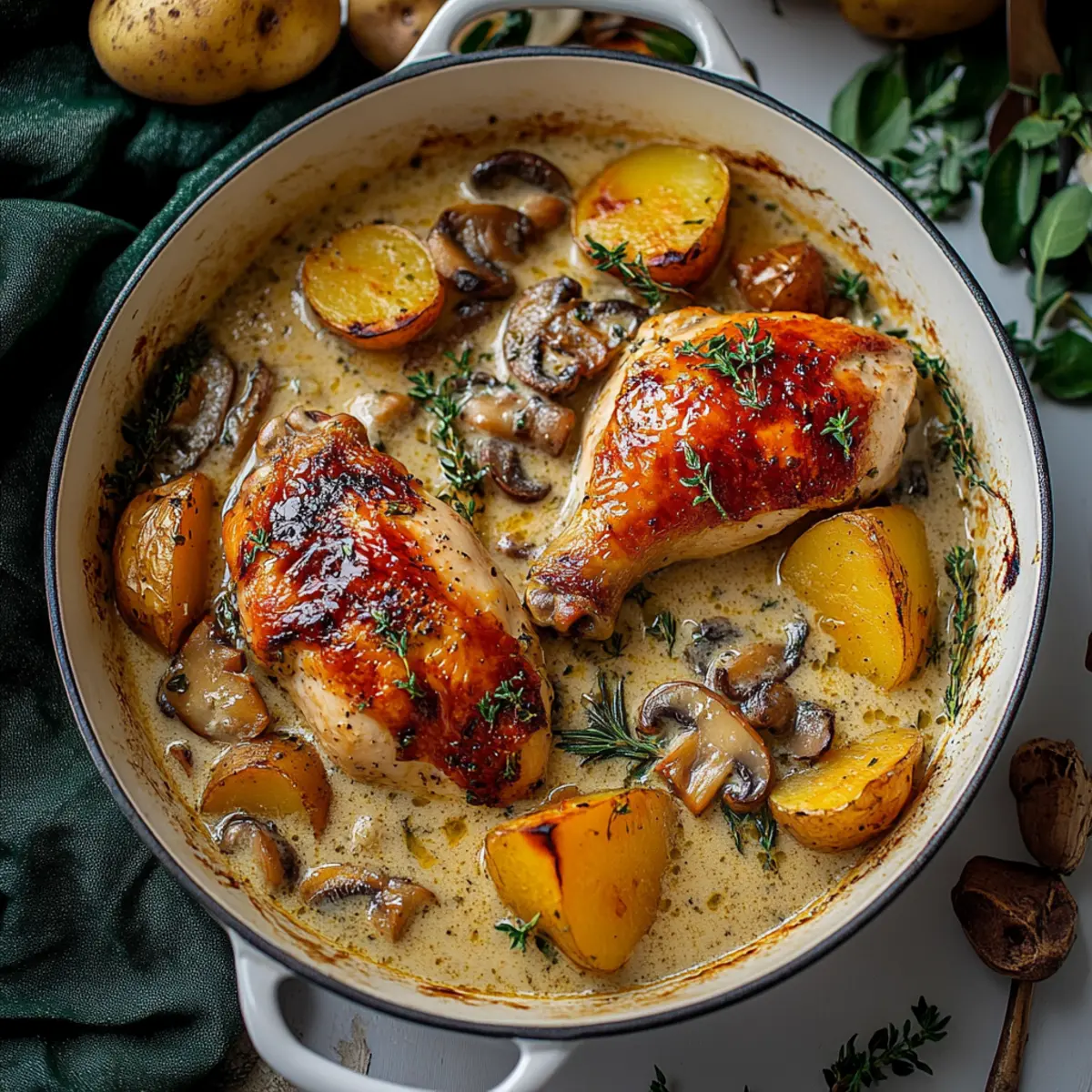 Herb Roasted Chicken in Creamy White Sauce with Mushrooms and Potatoes Recipe