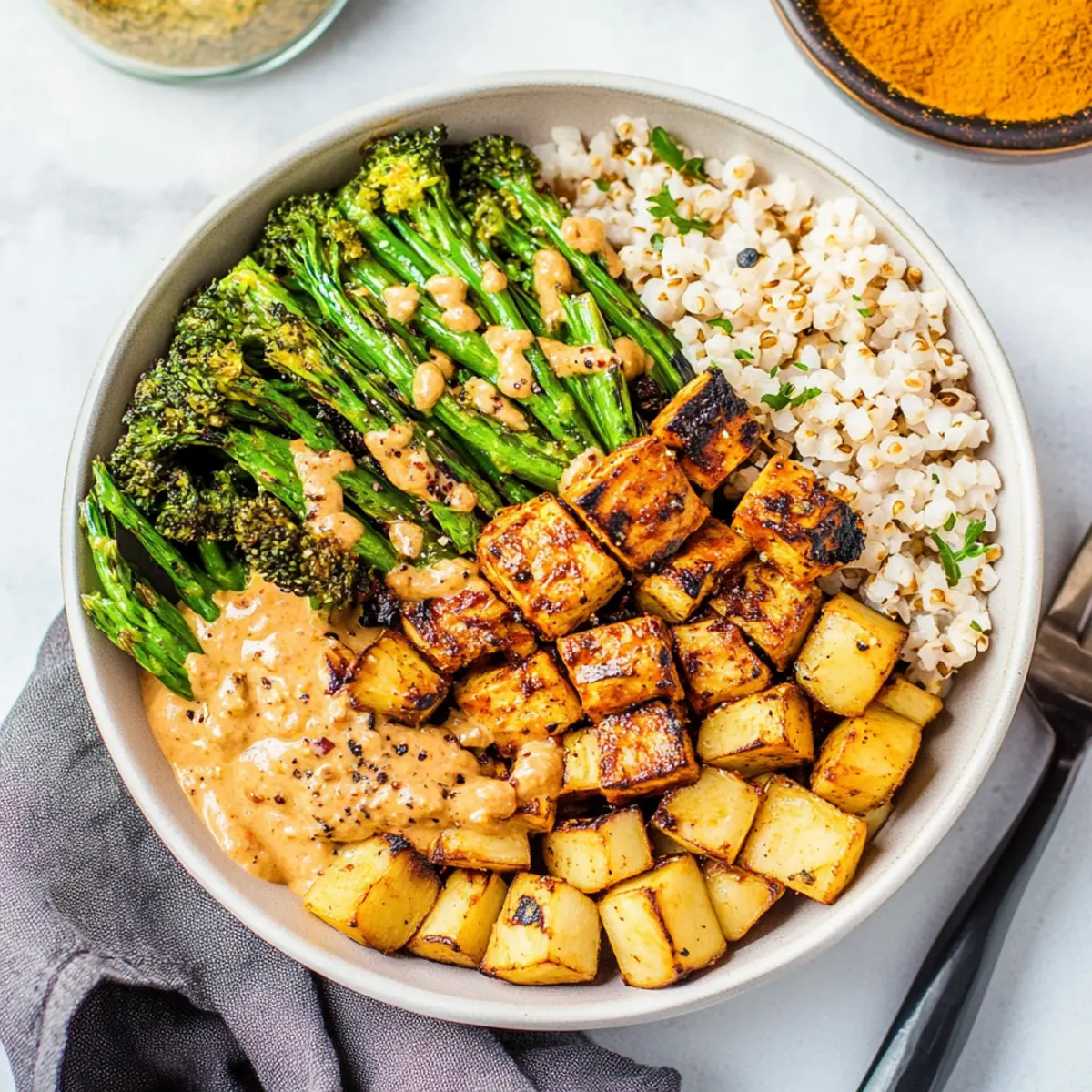 High-Protein Vegan Bowl with Sweet Potato and Spicy Peanut Sauce