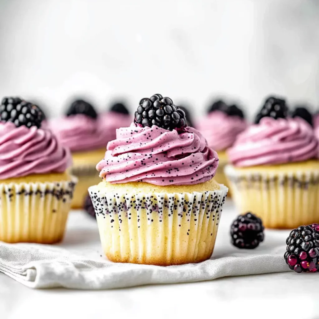 Lemon Poppy Seed Cupcakes with Blackberry Frosting