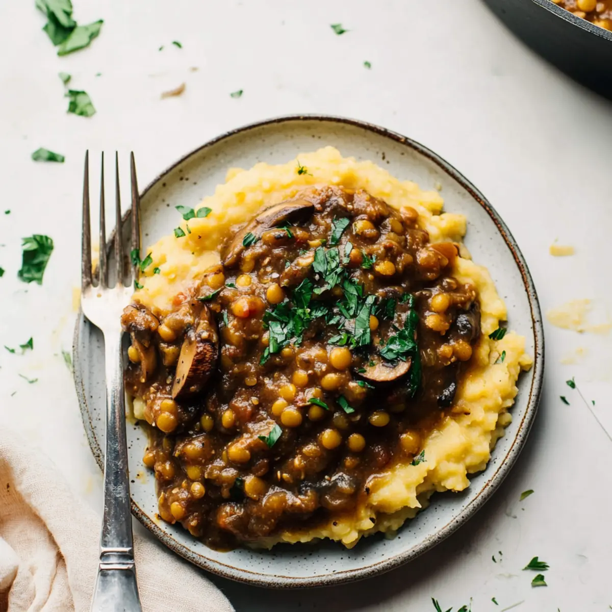 Hearty Vegan Lentil Mushroom Stew Served Over Creamy Mashed Potatoes