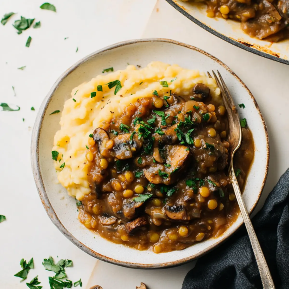 Hearty Vegan Lentil Mushroom Stew Served Over Creamy Mashed Potatoes