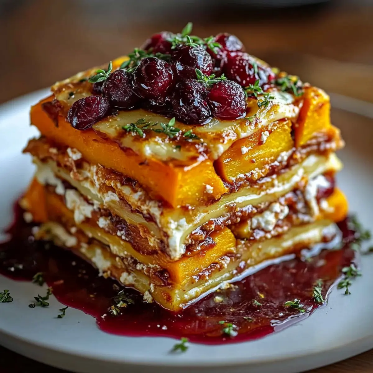 Vegetable Lasagna with Sweet Potato, Butternut Squash & Cranberry Glaze