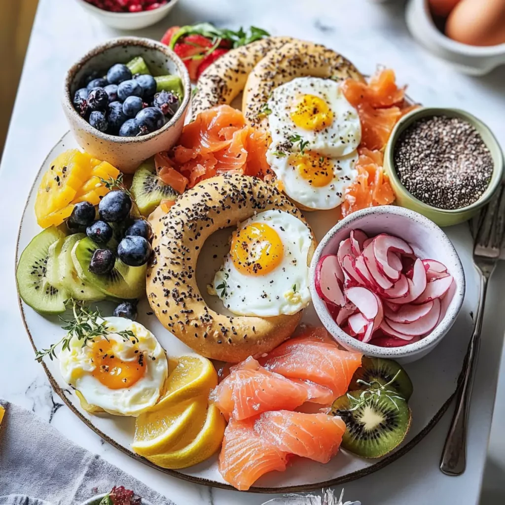 Ultimate Bagel Bar Brunch with Eggs, Salmon & Fruit