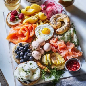 Easy Bagel Bar Brunch with Eggs, Salmon, Fruit & Sweets
